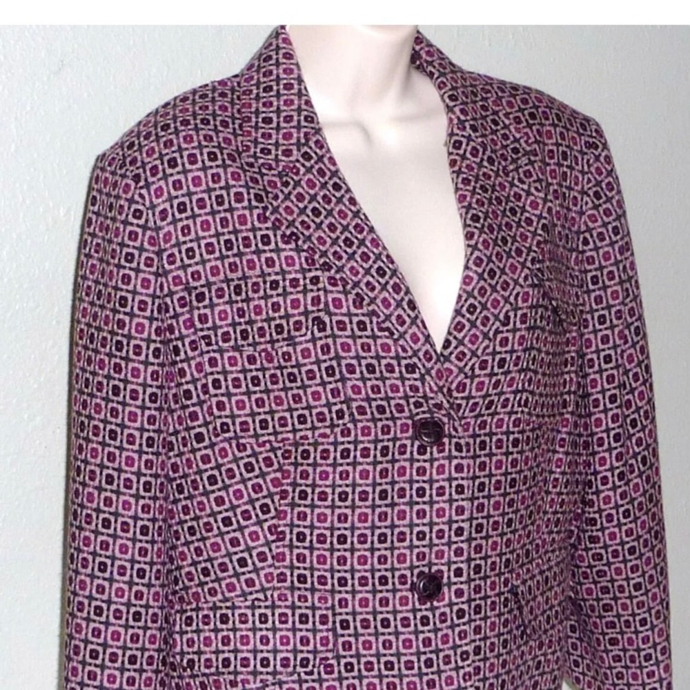 WORTHINGTON Multi-Color Purple Button Down Pea coat Blazer Geometric pattern 16